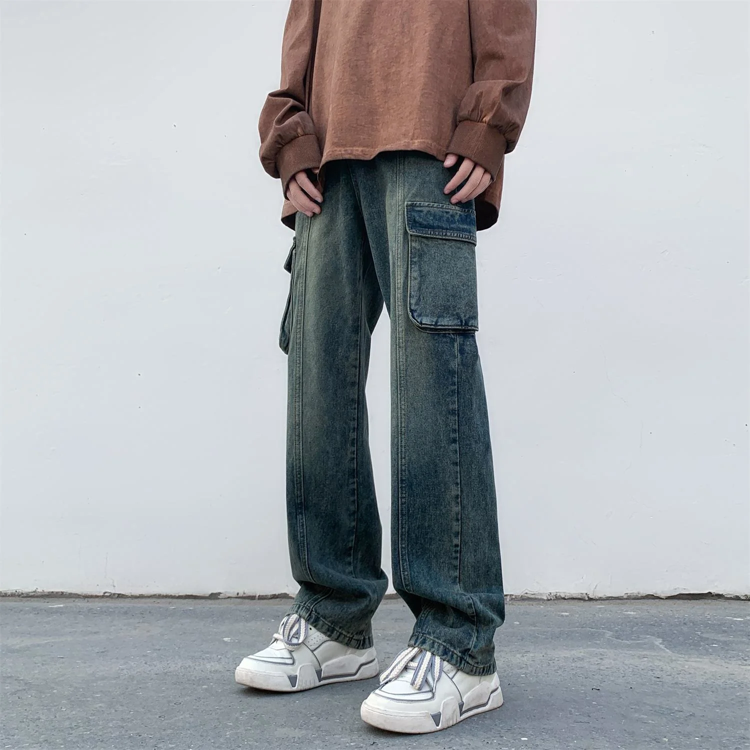 

High Street Straight Tube Slim Fit Men's Jeans 2023 New Y2k Chic Solid Color Multi Pocket Denim Cargo Pants Casual Male Clothing