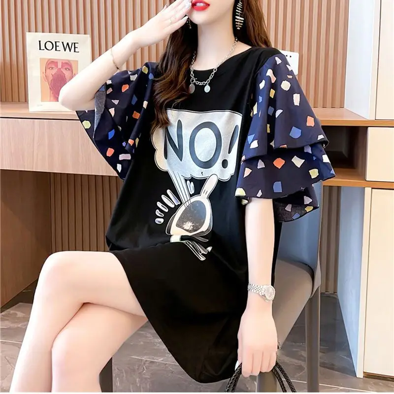 

Stylish Printed Patchwork Pullovers Geometric Casual Loose Female Clothing Korean Short Sleeve Summer New O-Neck Commute T-shirt