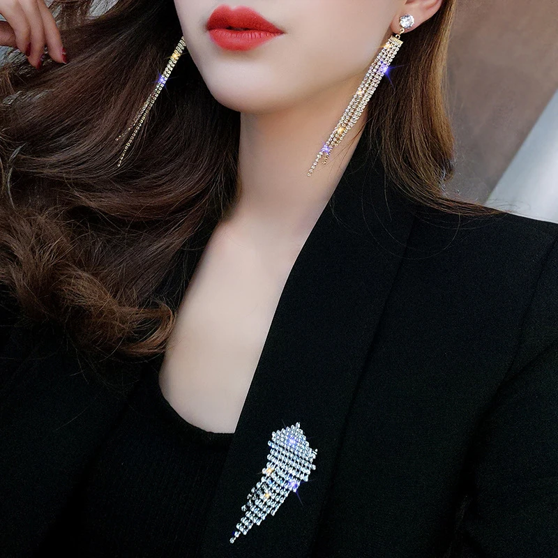 Clip Earrings Crystal Rhinestone Long Tassel for Women Bridal Party