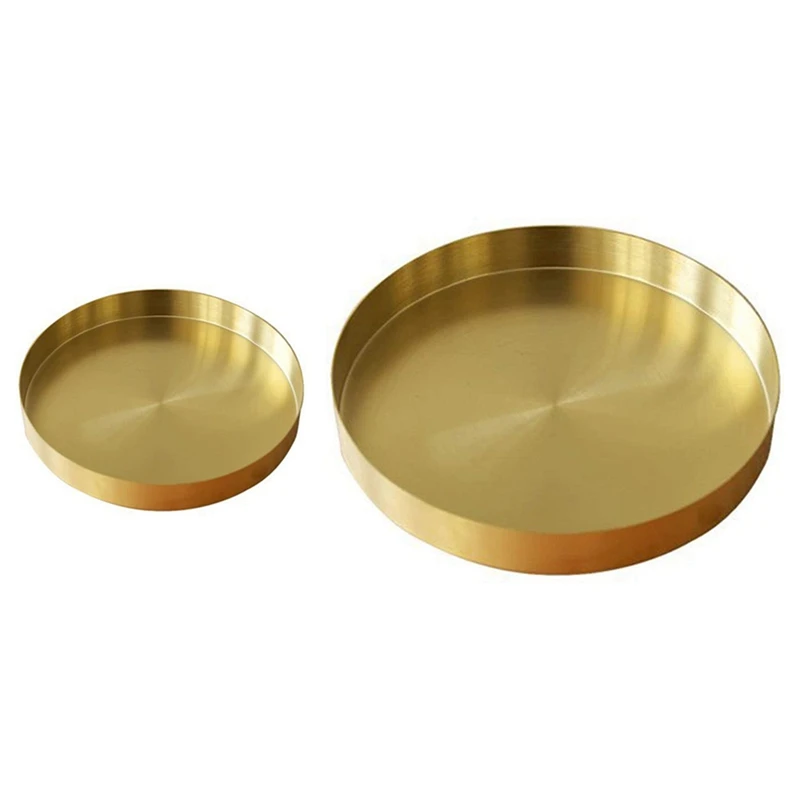 

2 Pcs Round Gold Tray,Metal Decorative Tray Makeup Tray Organizer 11.8 Inch & 4.9 Inch