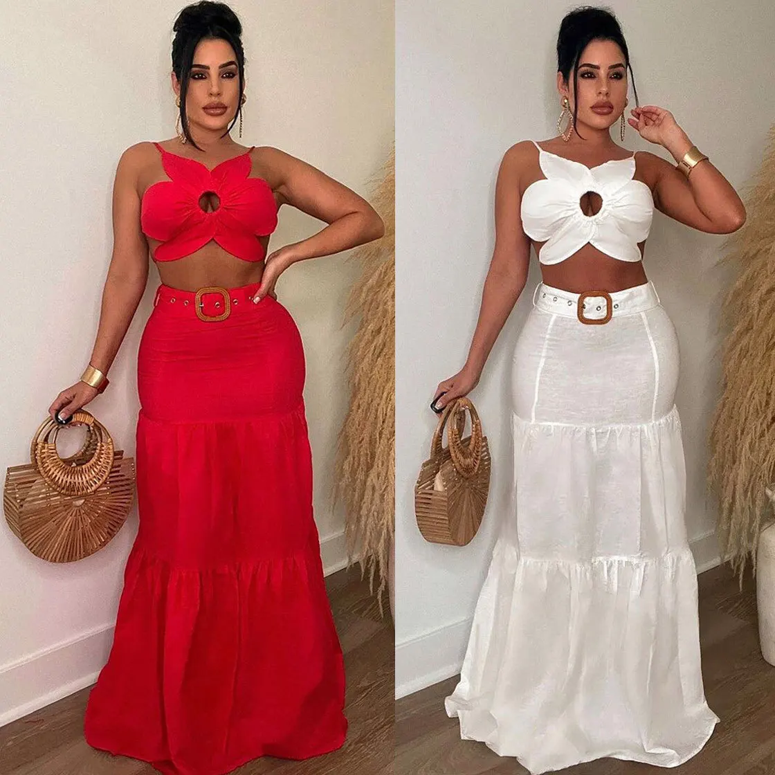 SKMY Summer New Sexy Solid Color Sling Lace-Up Hollow Out Irregular Crop Top Waistband Long Skirt 2 Piece Outfit Set Women