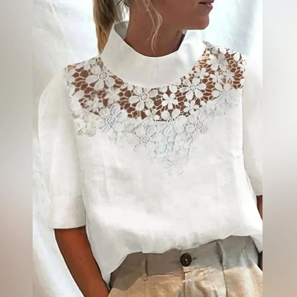 

Vintage Women Summer Top Hollow Out Lace Flower Decor Short Sleeves Solid Color Loose Half-high Collar Blouses Female Clothes