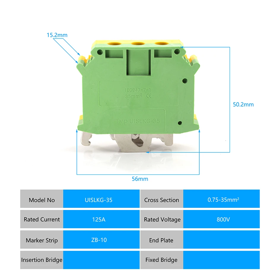 Description Picture 2 of item1 Pcs UISLKG-35-PE Din Rail Terminal Blocks Ground  Earth Universal Class Connector Screw Terminal Block UISLKG35 UISLKG 35 PE