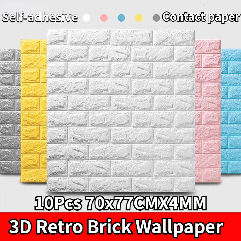 

10Pcs 3D Brick Waterproof Wallpaper DIY Self-Adhesive Decor Foam Waterproof Covering Wall Sticker for Kids Room Kitchen Stickers