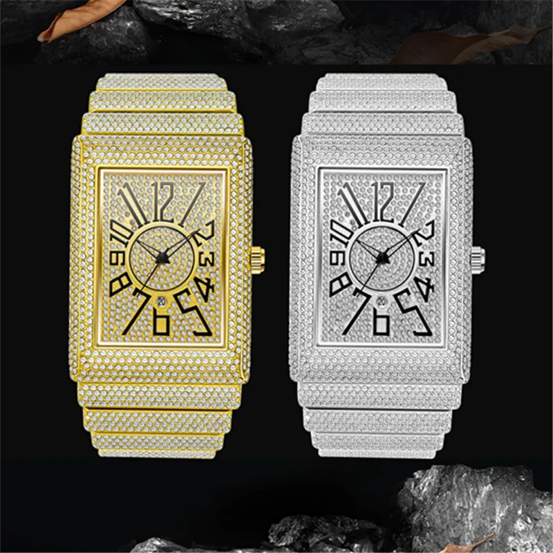 Men Big Brand Golden Watches Famous Luxury Hip Hop Diamond Date Rectangular Quartz Watches Relogio Masculino Grandes Quadrados