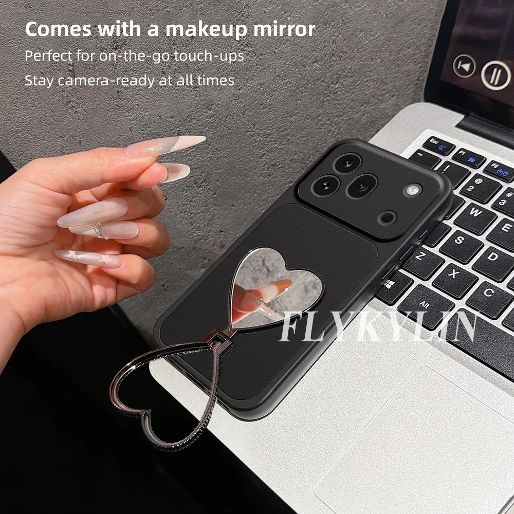Litchi Skin Shock-Absorbing Phone Case with Heart-Shaped Mirror Holder