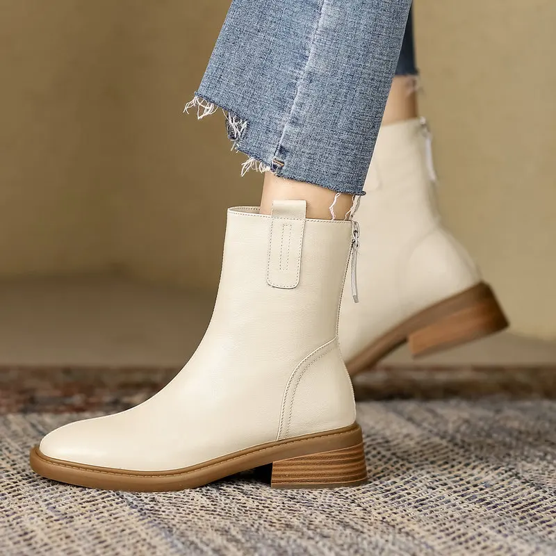 

Genuine Leather Women Ankle Boots Med Heels Square Toe Back Zipper Ladies Basic Shoes Autumn Winter Size 41 42 43