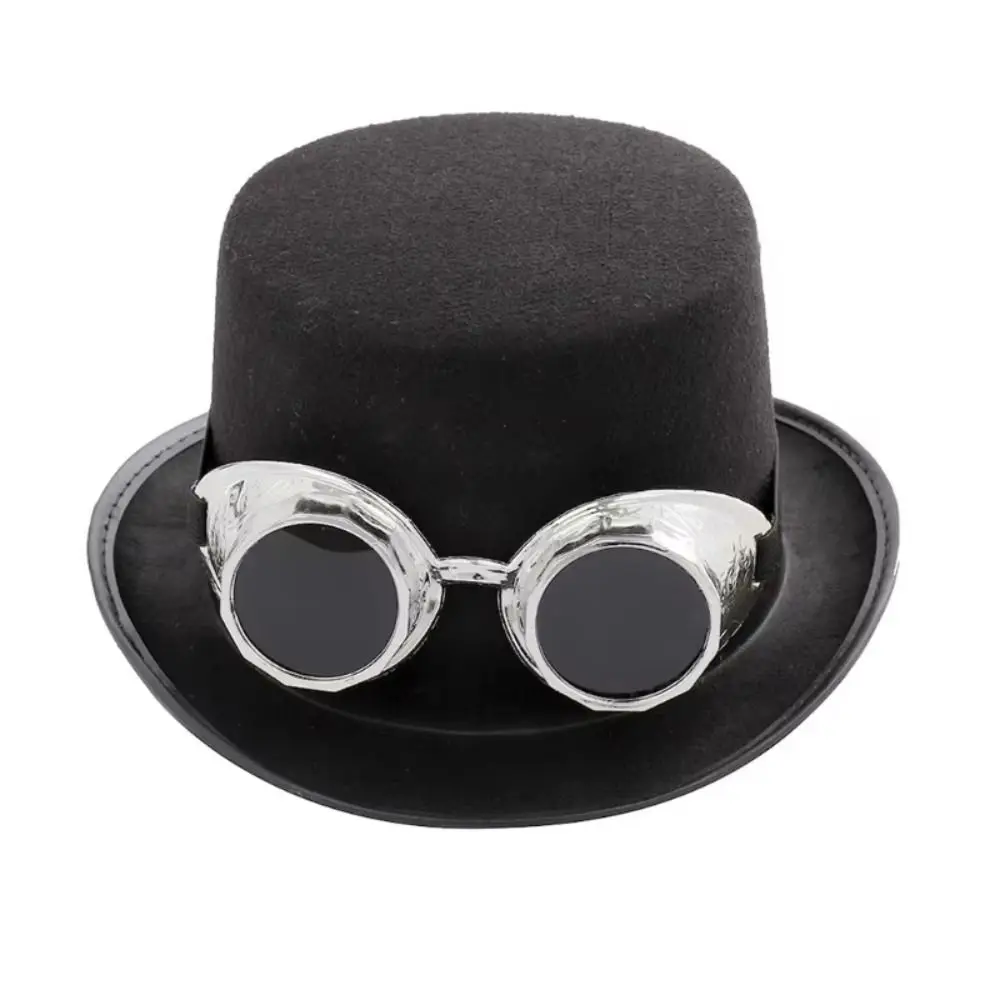 Vintage Black Steampunk Men Hat With Eyeglasses Stage Performance Retro Gothic Hat Magician Hat Non-woven Fabric