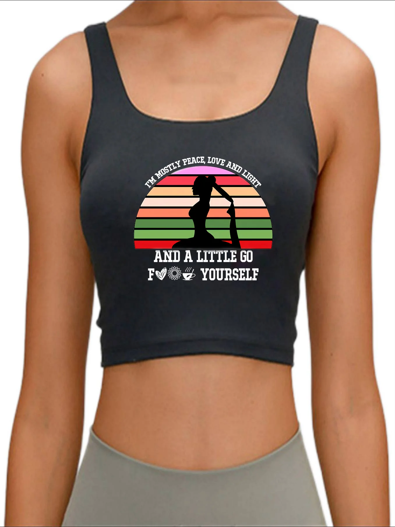 

I'm Mostly Peace Love And Light And A Little Go Fo inscription Print Tank Top Women's Yoga Sports Workout Crop Top