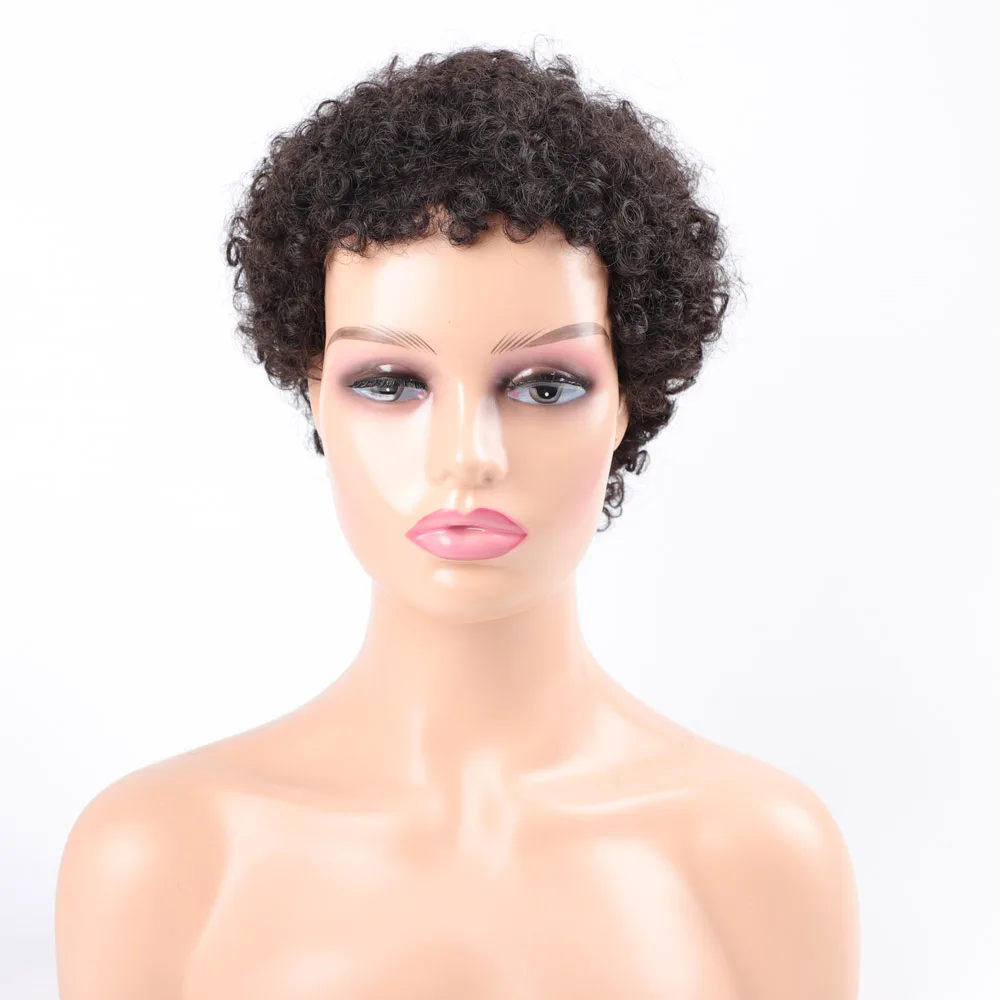 Korte Afro Krullend Pruik Pixie Cut Pruiken Indian Remy Haar Afro Bladerdeeg Menselijk Haar Pruiken Voor Vrouwen Volledige Mahine Gemaakt pruik Bio Vezel Haar