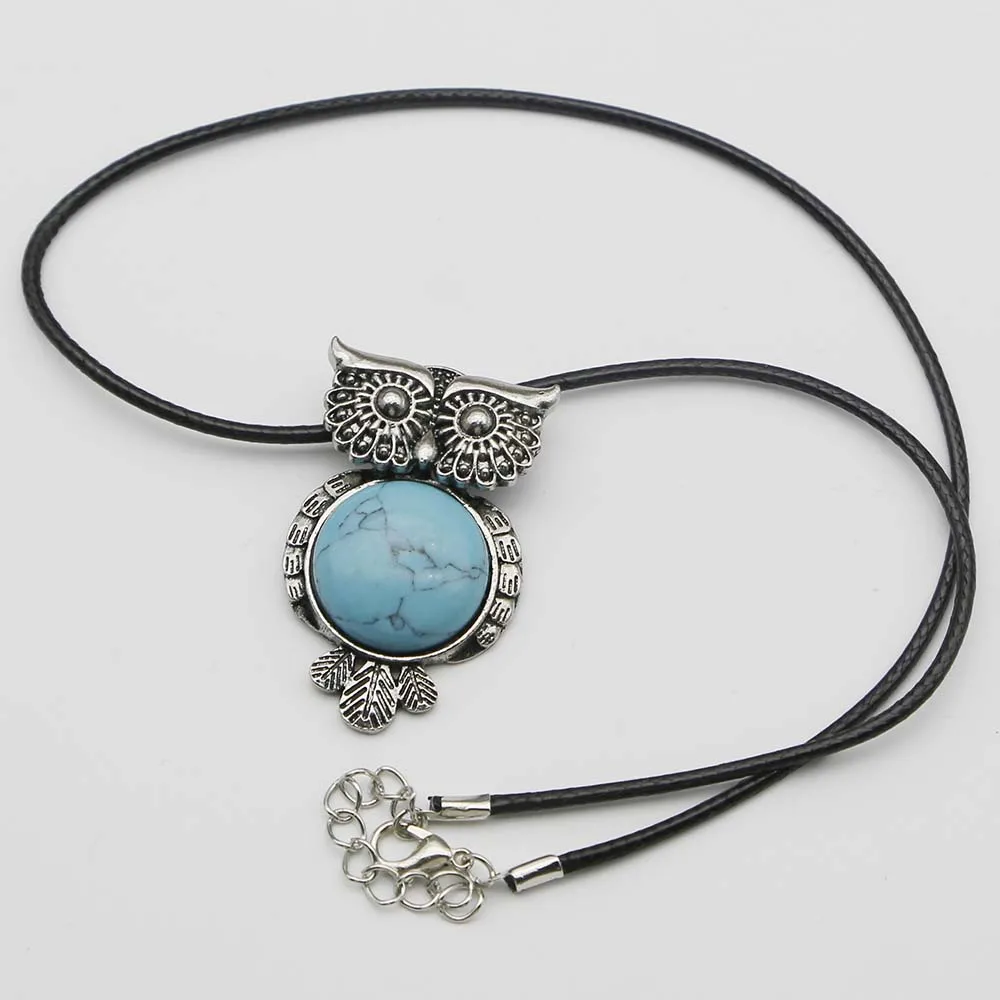 Natural Semi Precious Stone Vintage Copper Plated Owl Cute Pendant Leather Rope Necklace Charm DIY Jewelry Making Wholesale 8Pcs