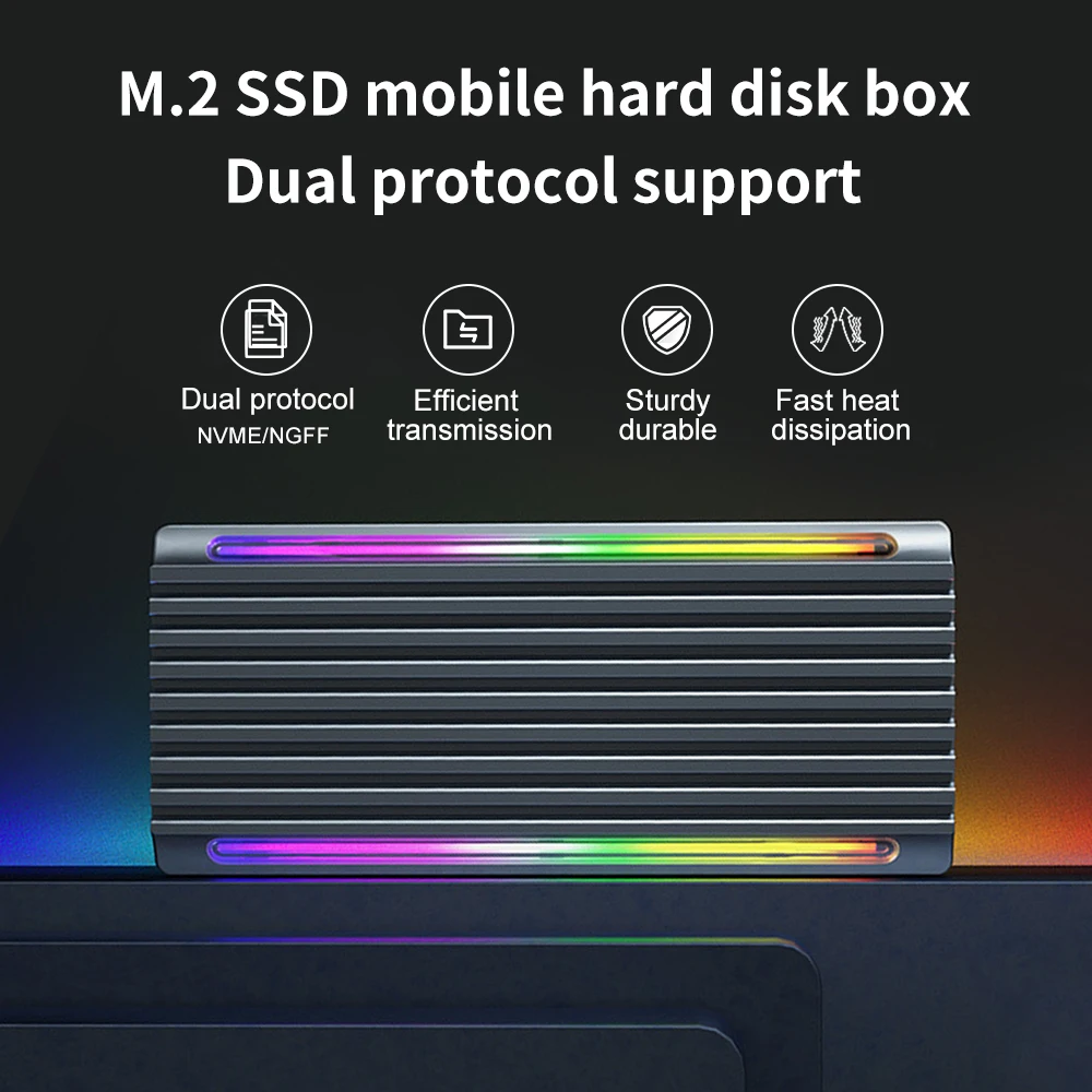 알루미늄 합금 SSD M2 NVMe RGB 케이스, 10Gbps RGB M.2 SSD 인클로저, M2 NVME NGFF 모바일 박스 어댑터 9210B 용 C타입 USB 3.2 Gen2