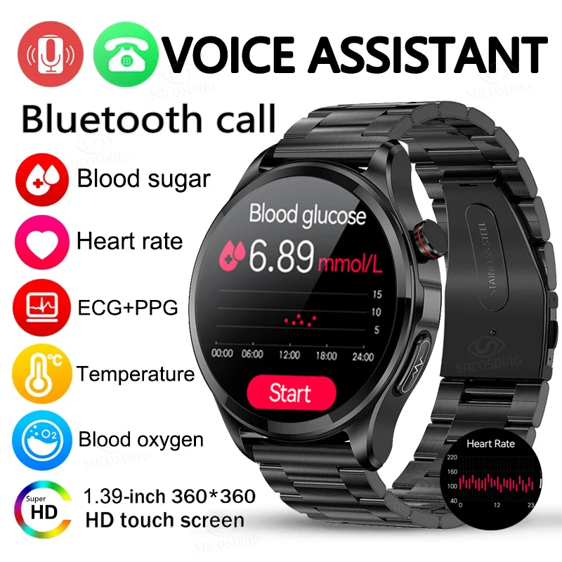 

2023 New ECG+PPG Blood Glucose Smart Watch Men Sports Tracker Glucose Meter Thermometer Health Watches Bluetooth Call Smartwatch