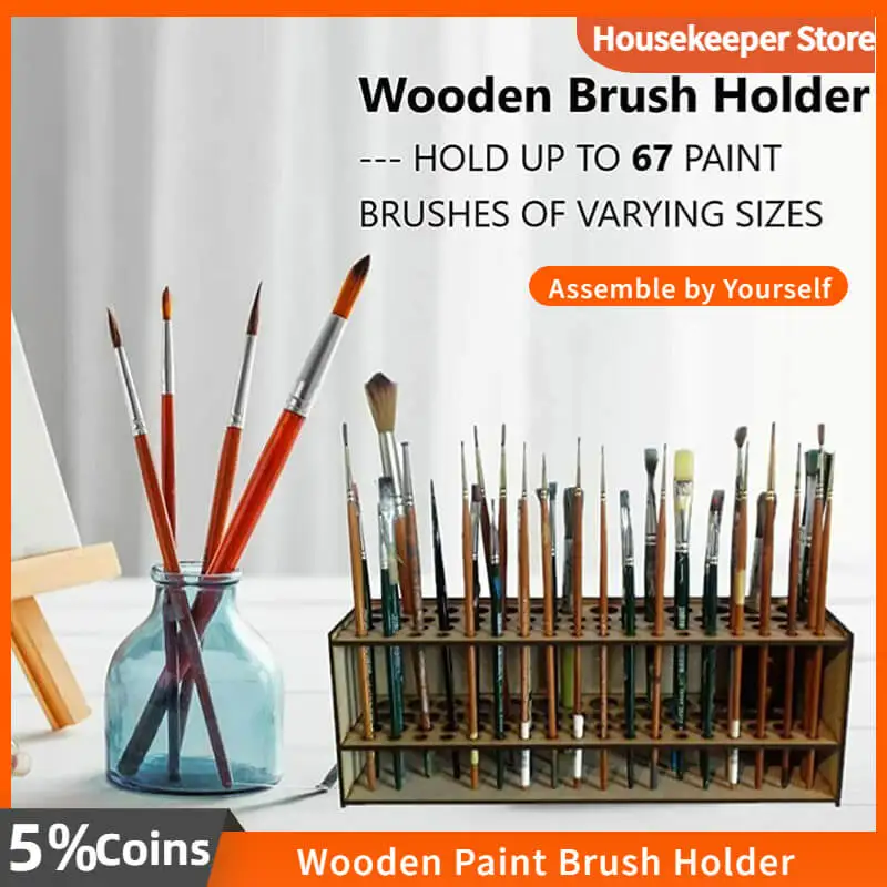 Paint Brush Holder 67 Holes Wooden Paint Brush Holder Stand Desk Organizer  Watercolor Brush Tray Rack For Pencils Paint Brushes - AliExpress