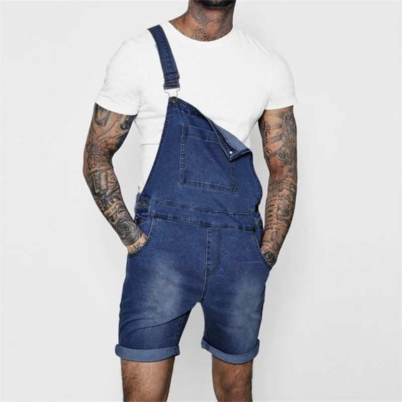 Men's Youth Cool Jumpsuit 2023 Summer Denim Shorts Splicing Pocket Suspender Pants Streetwear Casual Male Straight Trousers New