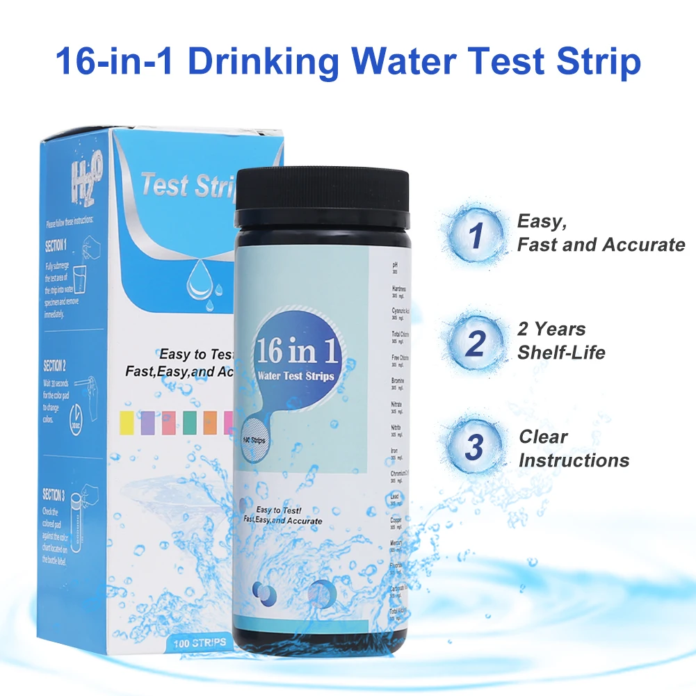Water Quality Testing Strips, Aquarium Test Strip, Fast Accurate, PH Hardness, Nitrite, Nitrate, Chlorine, 100Pcs, 16 in 1