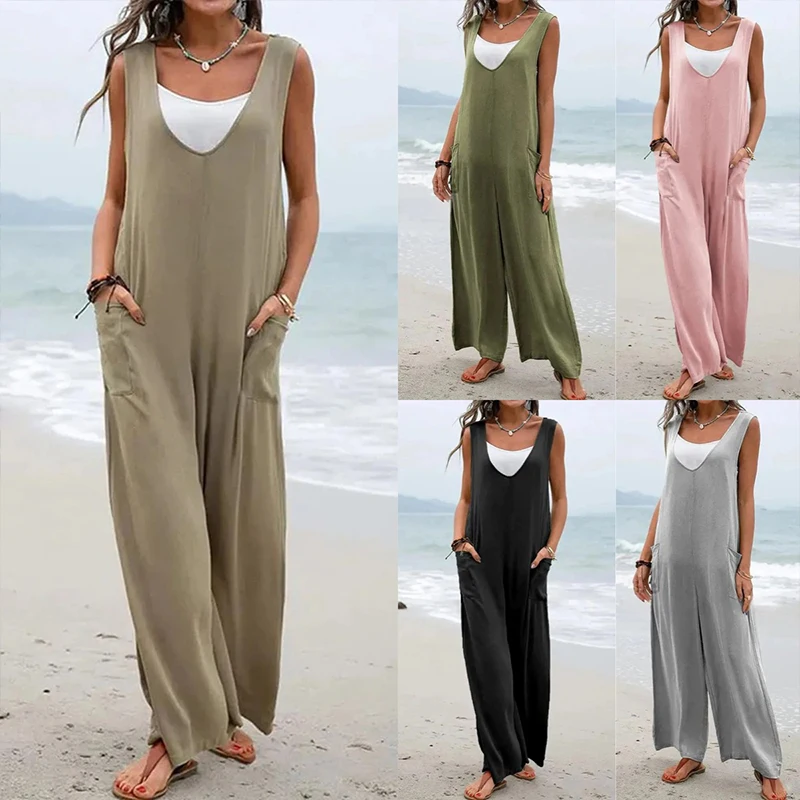 

Women Summer Jumpsuit Ruffle Suspender Sleeveless Loose Wide Leg Pants Romper With Pockets Lady Casual Long Overalls