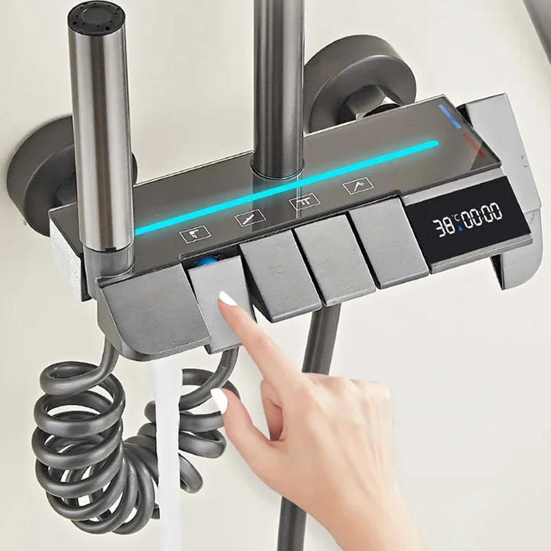 Temperature Digital Display Shower Set Faucet Bathroom Wall Mounted 4 Ways Water Outlet Rainlfall Hot Cold Shower Faucet System