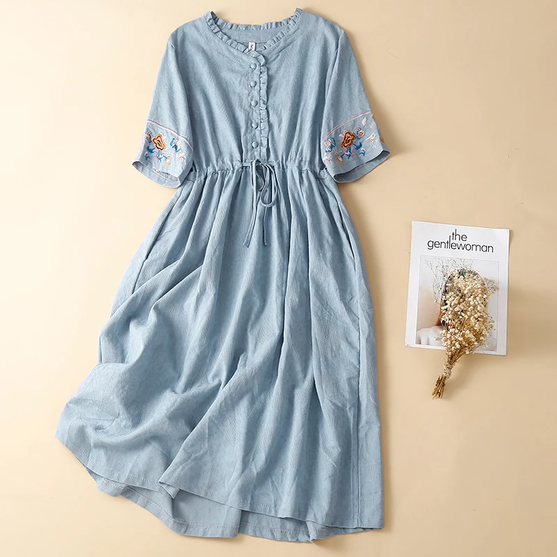 

Linen and cotton dress ladies 2023summer new fashion embroidery loose drawstring straps mid-length Mori ruffle casual dress