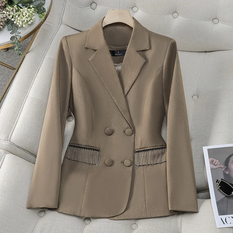 ZJYT Office Lady Blazer Women 2024 Spring Autumn Long Sleeve Jacket Coat Casual Daily Beading Tassel Veste Femme Plus Size Tops
