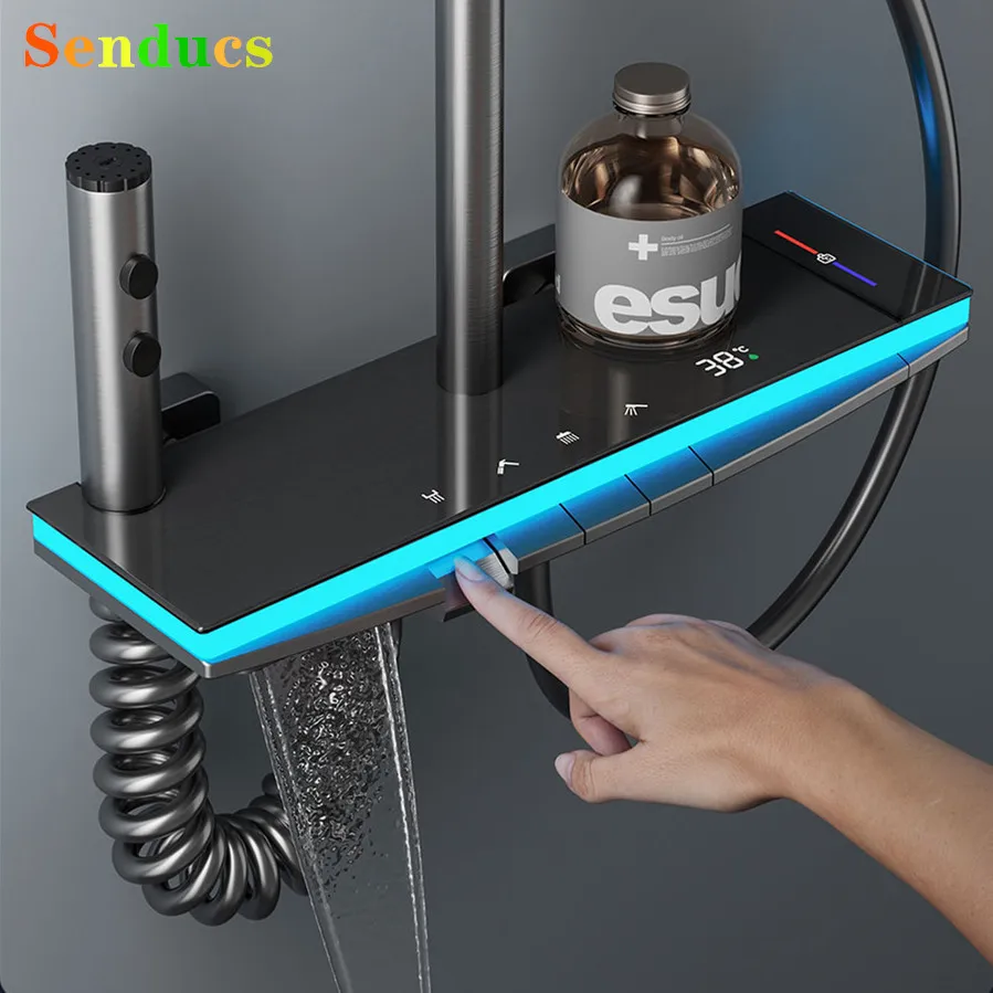 ชุดฝักบัวอาบน้ำระบบดิจิตอลแบบเทอร์โมสแตติก พร้อมก๊อกน้ำแบบปุ่มกดดีไซน์เปียโน จอแสดงผลดิจิตอล ไฟ Ambient และชุดฝักบัวอาบน้ำแบบคอมโบ 1