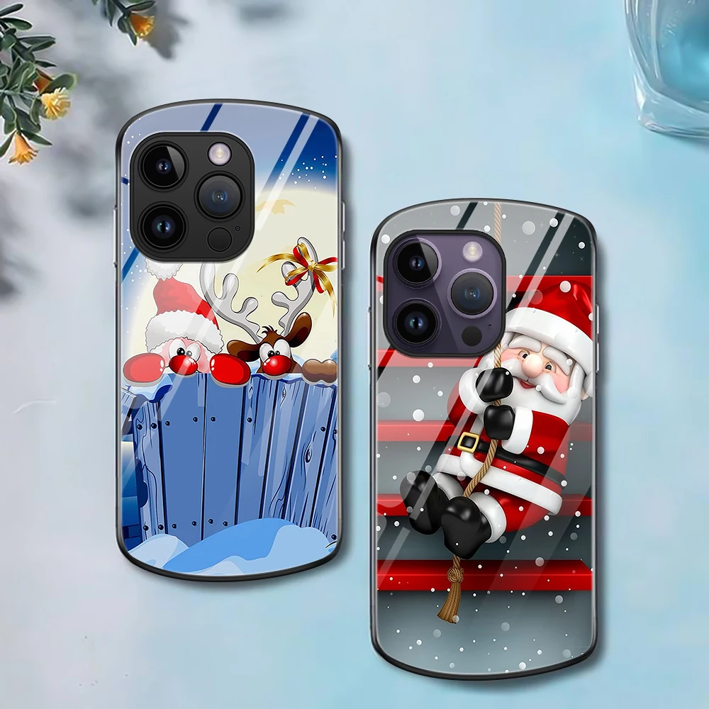 

Cute Santa Claus Case for iPhone 15 14 13 Pro Max Mini XR XSMax 7 8 Plus SE 12 11 Christmas Oval Tempered Glass Protection Shell