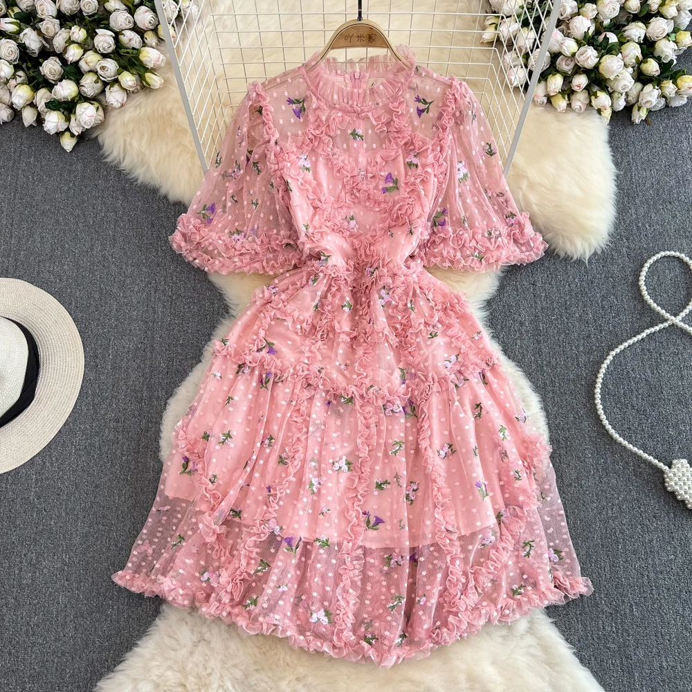 

Summer Korean Version of Temperament Short Sleeve Round Neck Waist Slimming Medium Length Gauze Dress