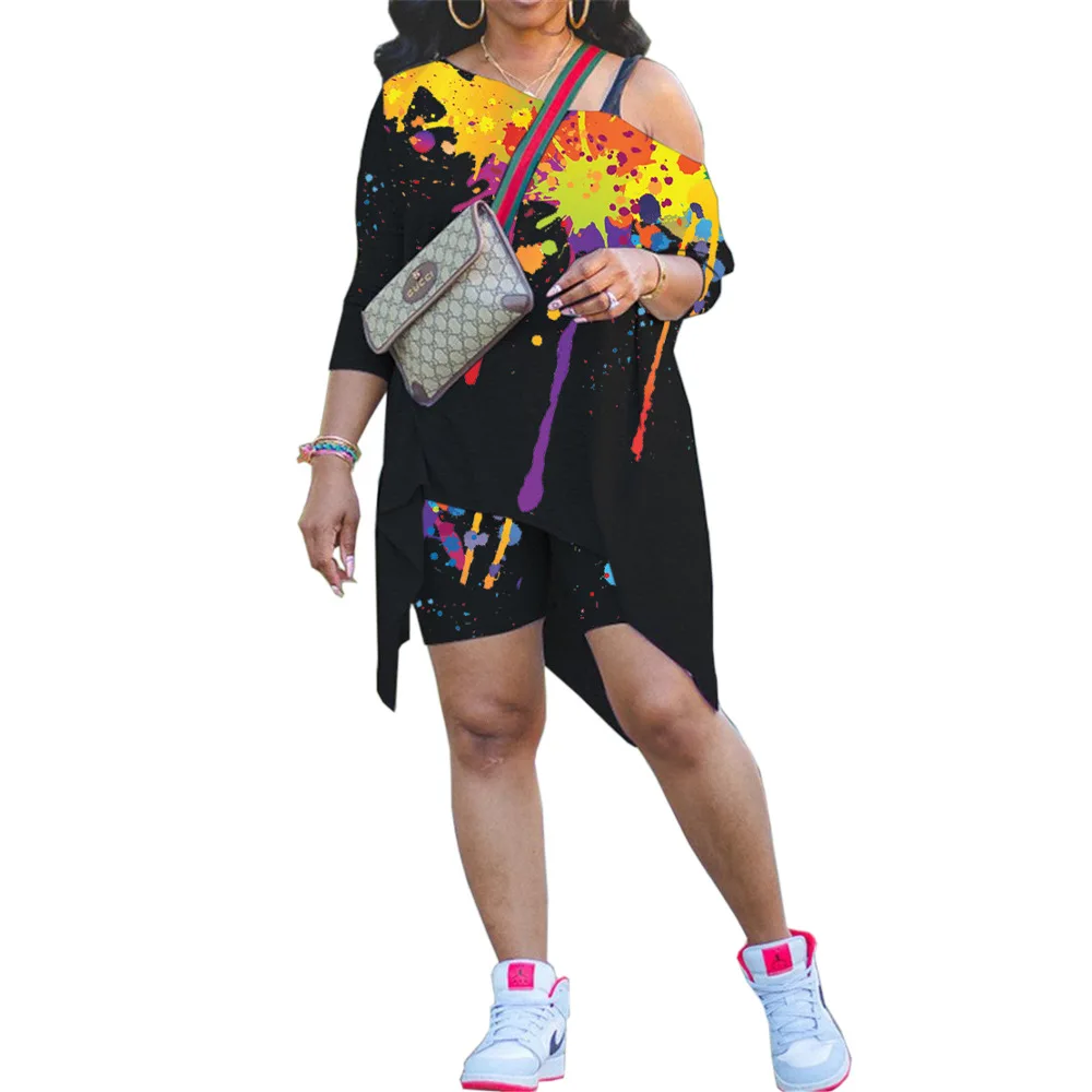 ChocoMist  Two Piece Street Splash Ink Print Asymmetrical Solid Two Piece Shorts Set crop top and skirt set Women's Sets