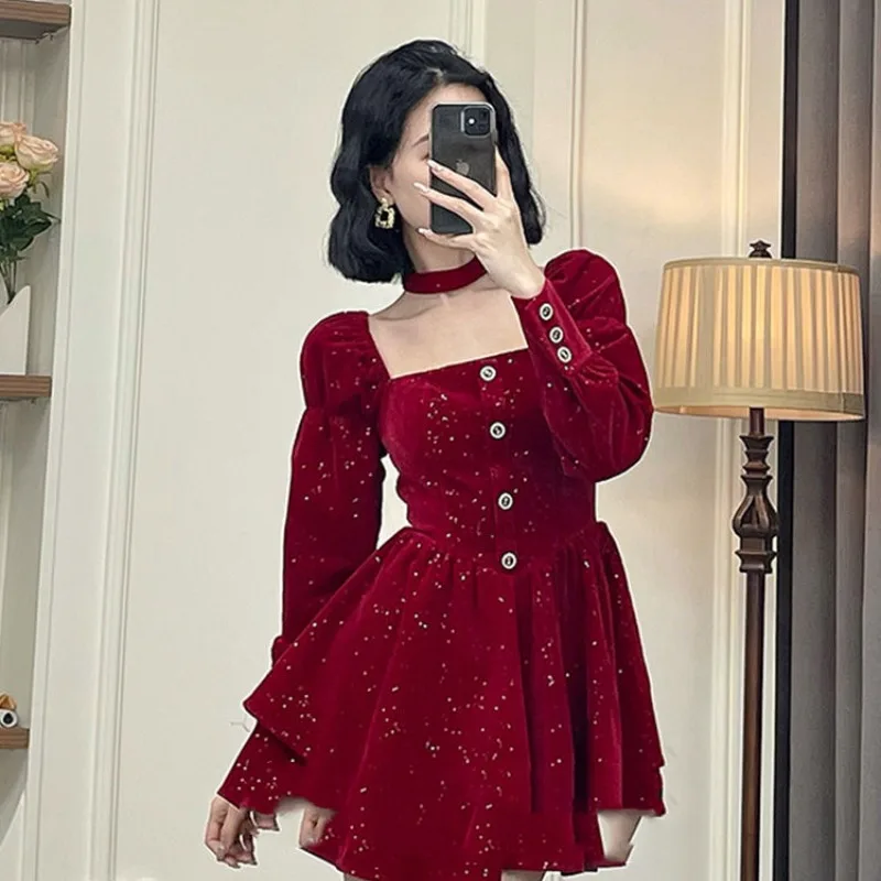 

Женское осенне-зимнее Модное Элегантное однотонное платье-пуловер с квадратным вырезом на пуговицах повседневное универсальное платье-пуловер с длинным рукавом и поясом