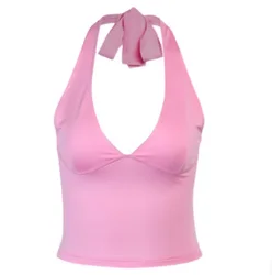 2022 nova hbenna halter colheita topo feminino com decote em v sexy sem costas tanque superior sem mangas rosa superior elastics magro clubwear verão