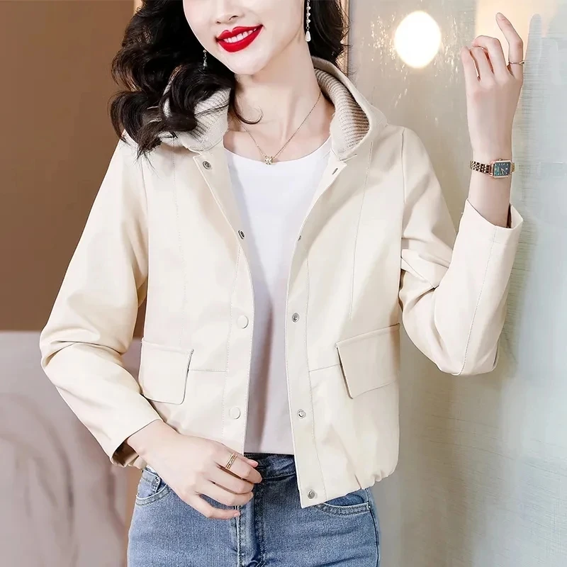2023 Autumn New Fashionable Hooded PU Leather Jacket Women\'s Short Leather Coat Korean Trend Motorcycle Wear Leather Overcoat