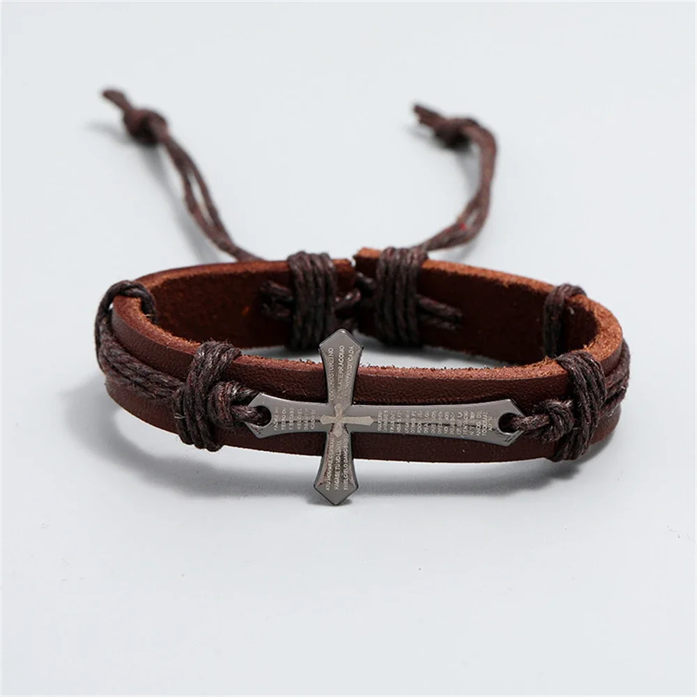 Jennoria Men's Faith Bracelet - Brown Braided Leather With Cross Charm, Religious Confirmation & Gift For Him