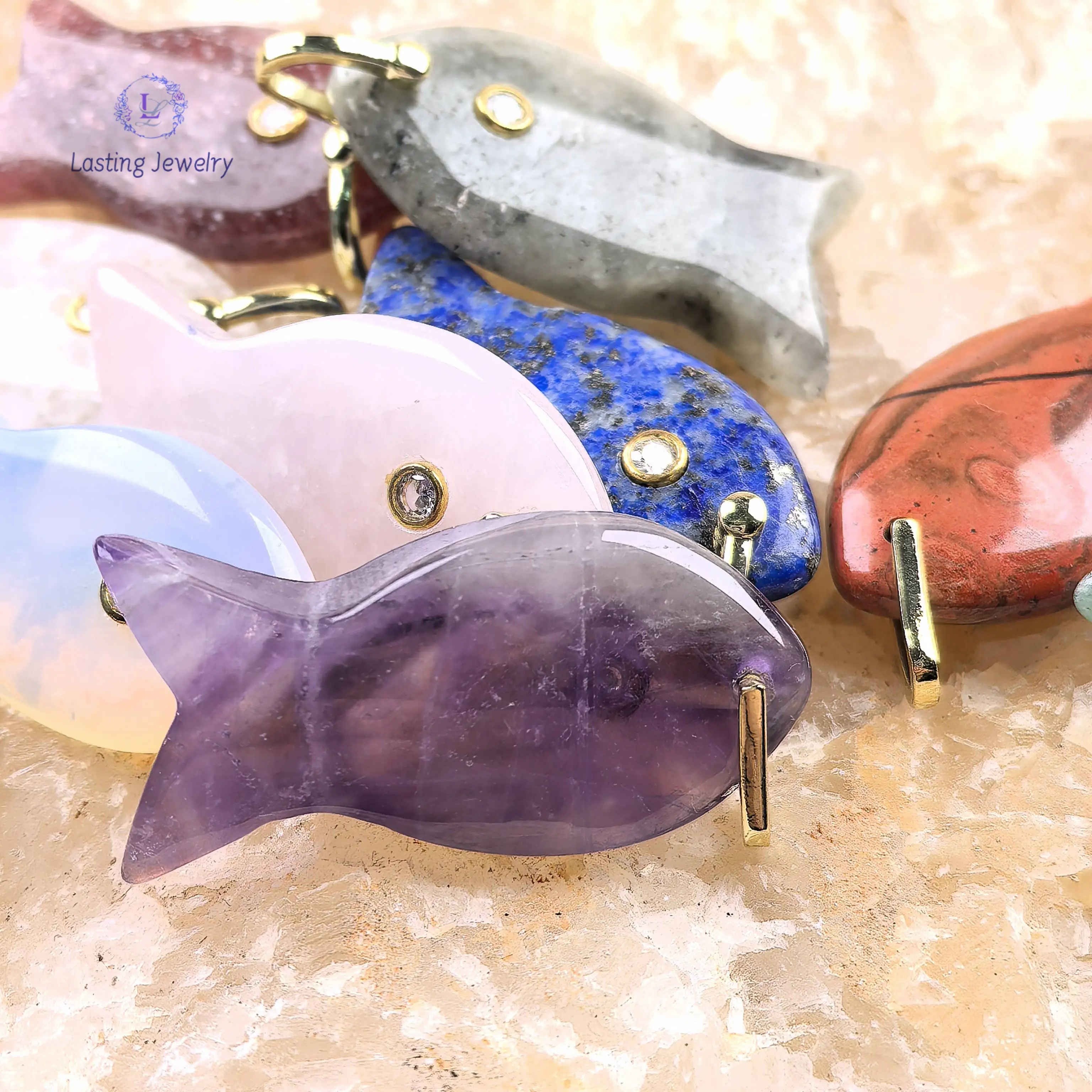 Gemstone With Inlaid Zircon Carved Fish Pendants Reiki Crystal Rose Quartz Lapis Labradorite Charms For Necklace Jewelry Making - 6