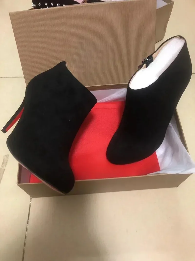 

10cm Luxury High Quality Fashion Sexy Crystal Red Sole Shoes Ankle Boots for Woman Round Toe Shoes Party Modern Autumn Booties