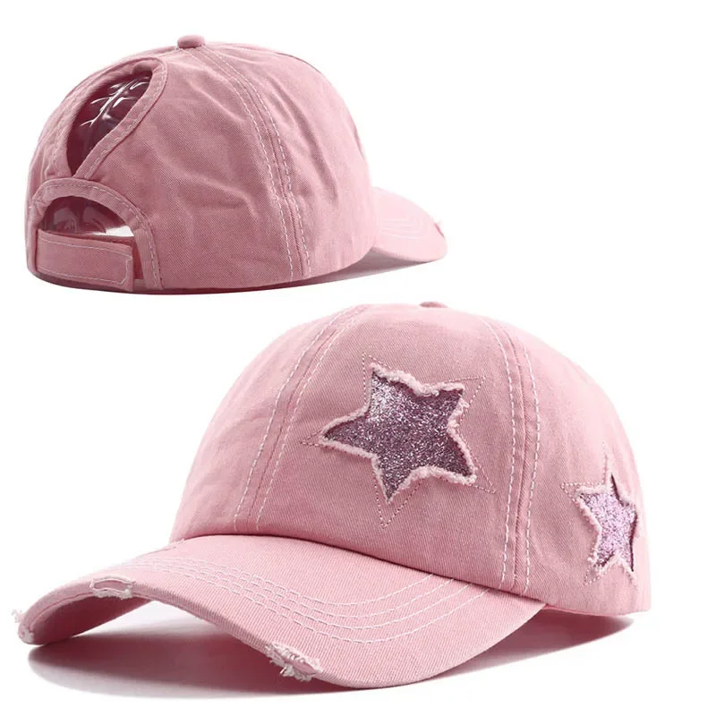 

2023 New High Ponytail Baseball Cap for Women Snapback Hat Bone Hip Hop Adjustable Distressed Star Dad Hats Casquettes Femmes