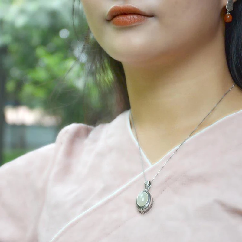 Chinese Style Retro Mirror Box Pendant Necklace Silver Jewelry Creative Women's