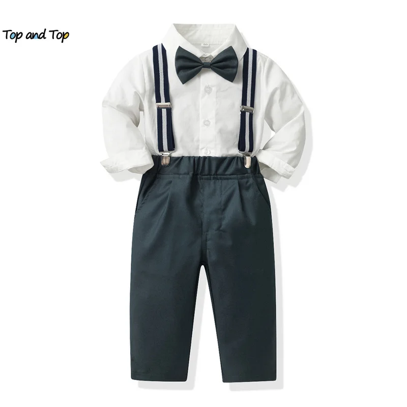 

top and top Infant Toddler Baby Boys Gentleman Clothing Sets Long Sleeve Shirts Top with Bowtie+Overalls Suits Casual Outfits