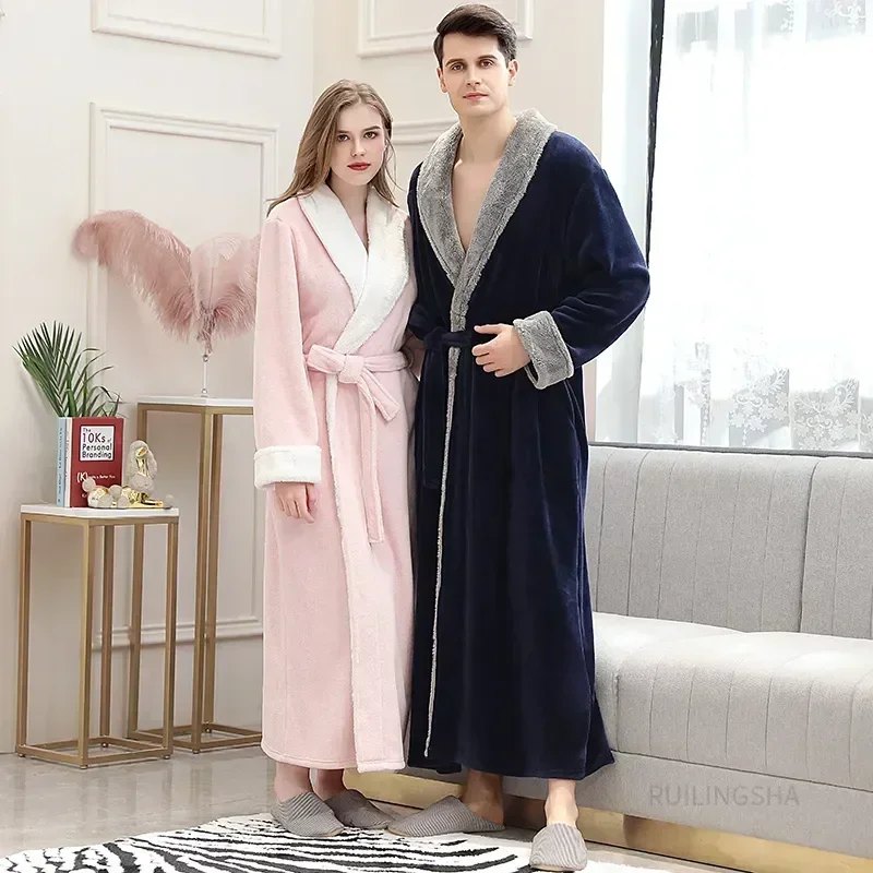 

Gown Men Flannel Winter Bath Plus Fleece Bathrobe Women Sleepwear Spa Dressing Coral Robe Extra Long Lovers Cozy Thick Warm Size