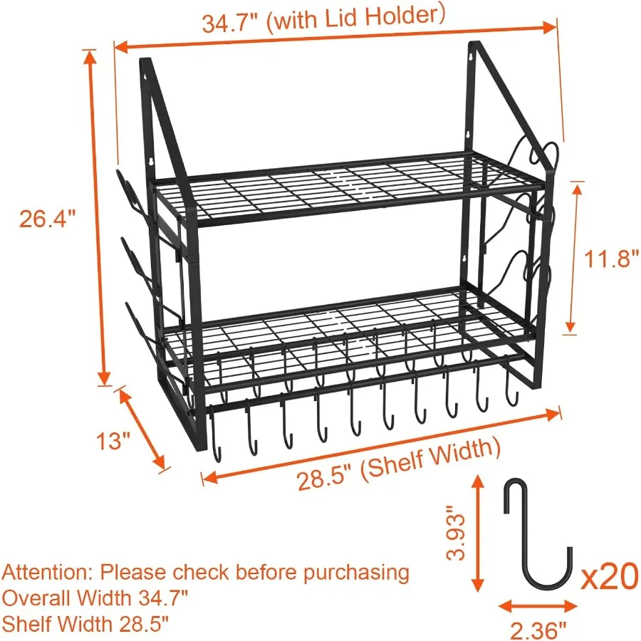 28 Inch Pot Rack Wall Mounted 2 Tier Pots and Pans Organizer with 20 Hooks and 6 Pot Lid Holders Heavy Duty Steel Pot and Pan H