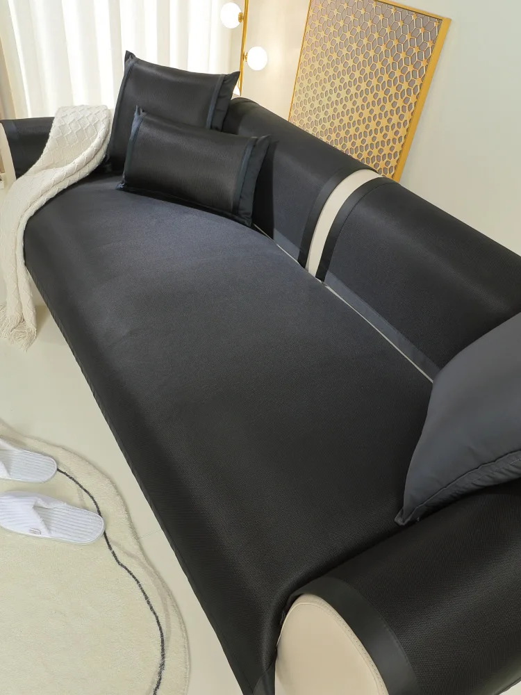 블랙 아이스 실크 소파 커버 환기 슬리퍼 팔걸이 미끄럼 방지 쿠션 유니버설 룸 홈 오피스 소파 좌석 타월 사계절