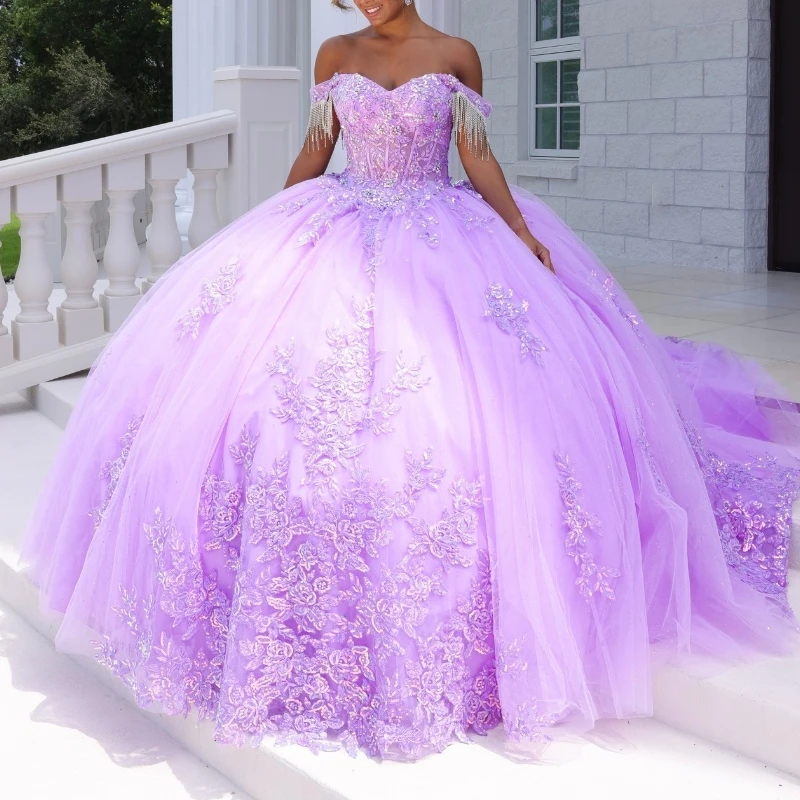 

Lilac Quinceanera Dress Off the Shoulder Sweet 16 Dress Floral Appliqued Lace Beads Tull Vestidos De Baile Ball Gown Vestidos De