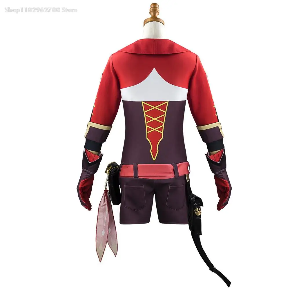

Anime Game Genshin Impact Amber Cosplay Costume Women Girls Red Suit Jumpsuit Halloween Party Costumes Wig Full Set