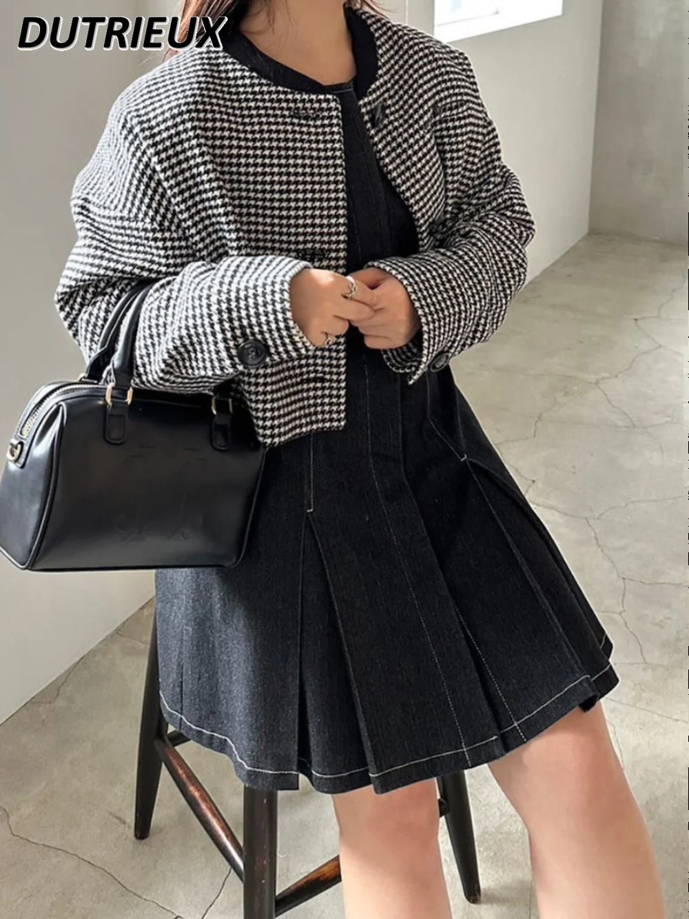 

Spring Plush Texture Single-Breasted Easy Matching Coat Solid Color Black White Houndstooth Sweet Girl Round Neck Short Jacket