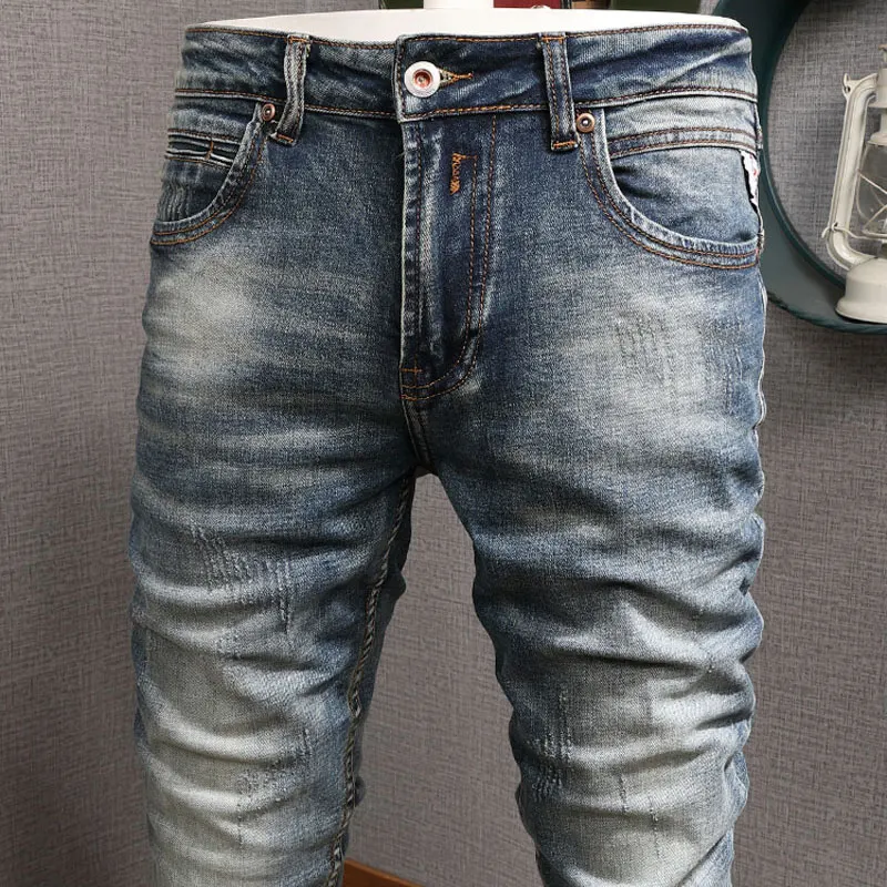 Fashion Streetwear Men Jeans Retro Blue Elastic Slim Fit Ripped Jeans Men Italian Vintage Designer Casual Denim Pants Hombre
