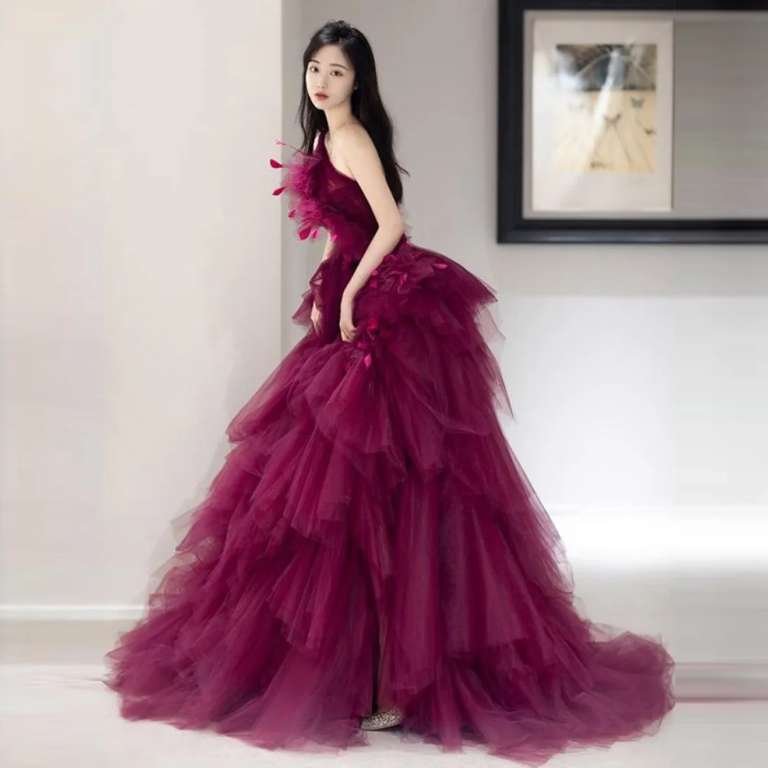 One Shoulder Purple Tulle Ball Gown Layered Fluffy Dress With Feather Long Evening Dresses Elegant Dresses For Women Prom plus size formal dresses & gowns