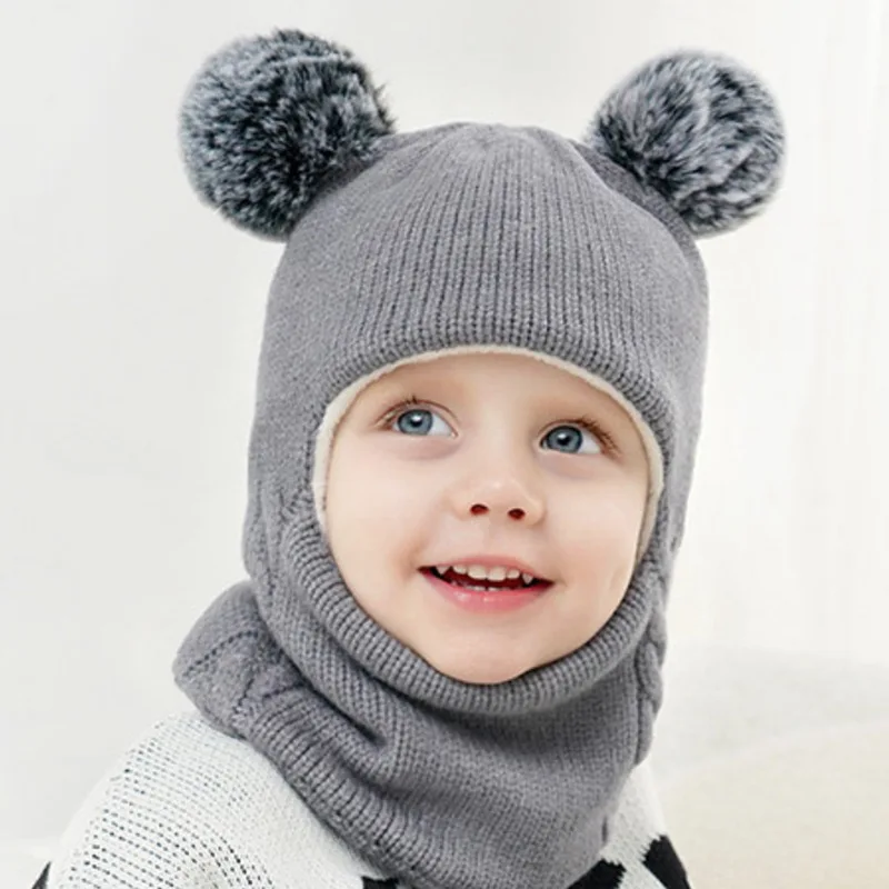 Winter Warm Children Balaclava Hats Hooded Scarf Baby Thicken Windproof Ear Protect Pompom Hats Kids Hooded Scarf for Boys Girls 2