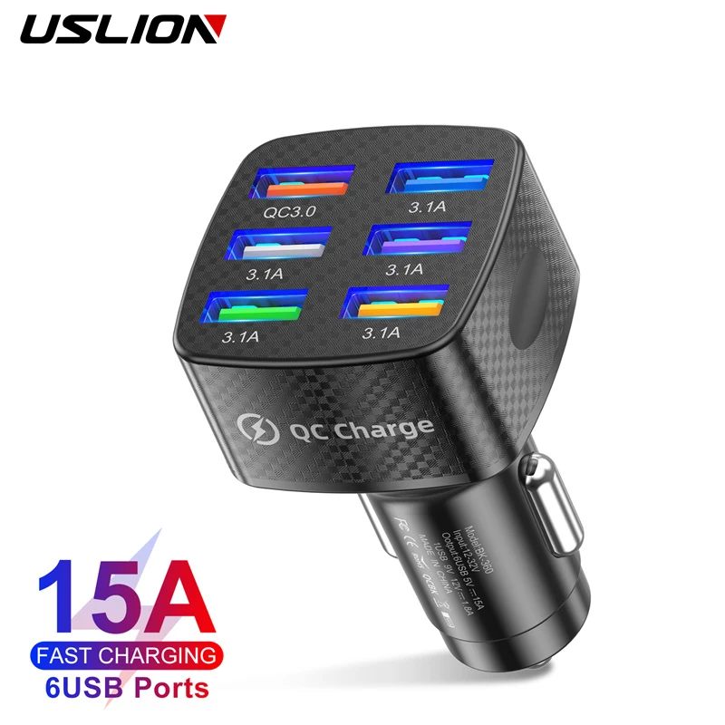 Tanie USLION 75W Car Charger Quick Charge 3.0 15A 6 Ports USB Charger