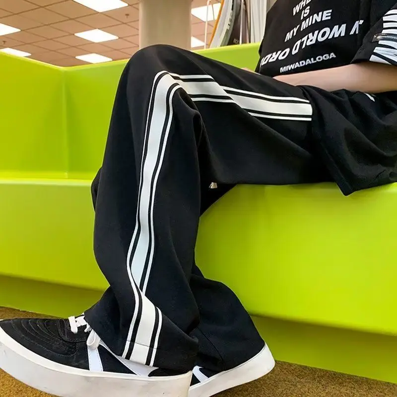American street men and women trendy retro striped patchwork straight casual pants for spring and autumn loose wide leg pants