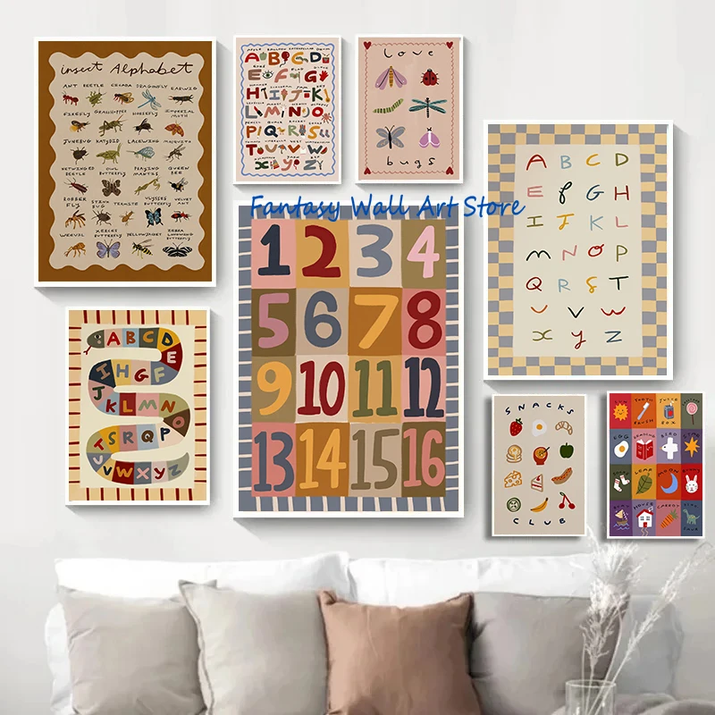 Poster su Tela con Primi Esercizi di Scrittura, Alfabeto, Numeri, Insetti, Stile Boho, Disegni Artistici per Cameretta Bambini