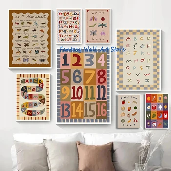 Poster su Tela con Primi Esercizi di Scrittura, Alfabeto, Numeri, Insetti, Stile Boho, Disegni Artistici per Cameretta Bambini